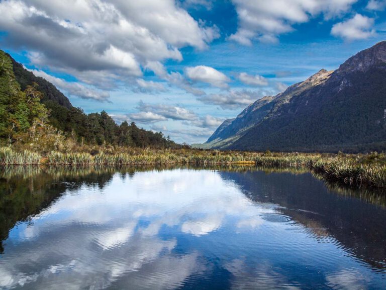 mountain lake with reflections symbolizing reflection and rediscovery in retirement.